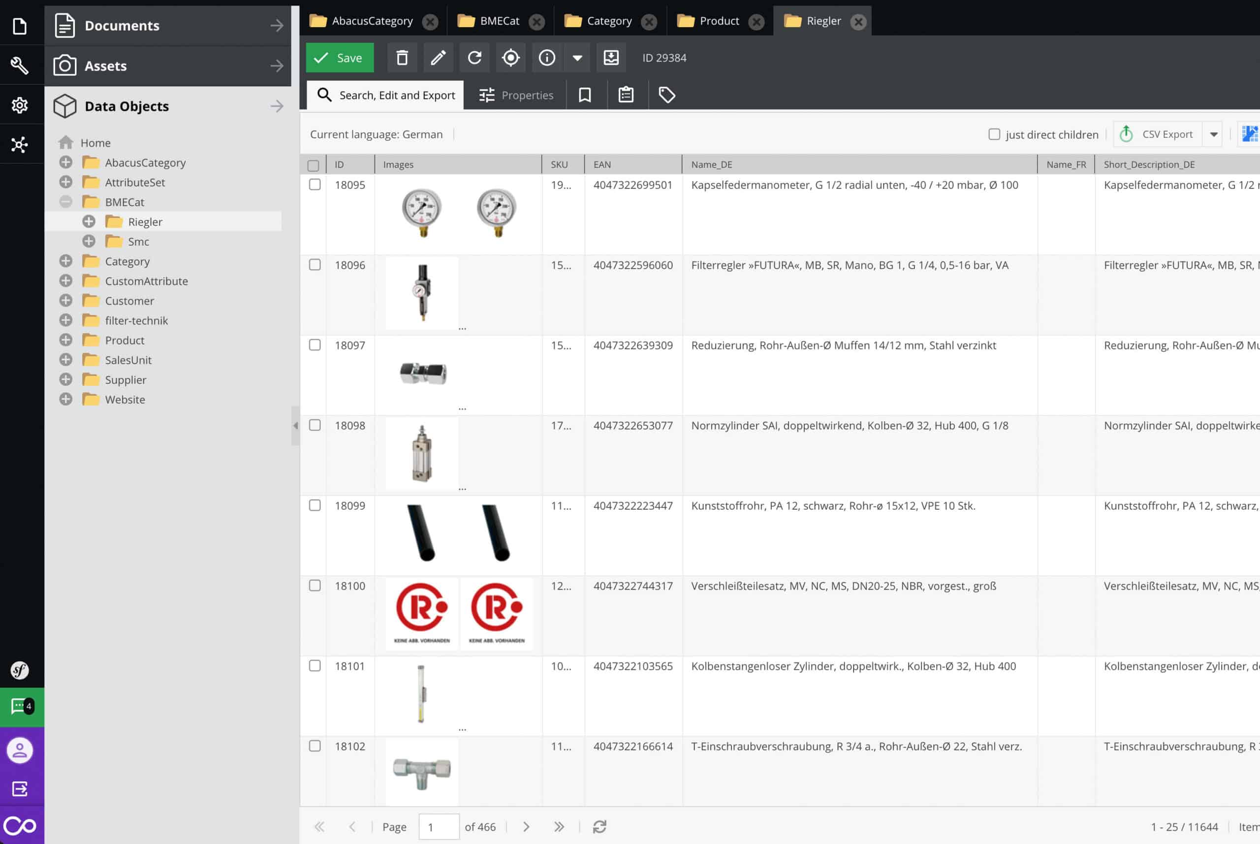 Standard Pimcore Backend — komplexe Grid-Ansicht
