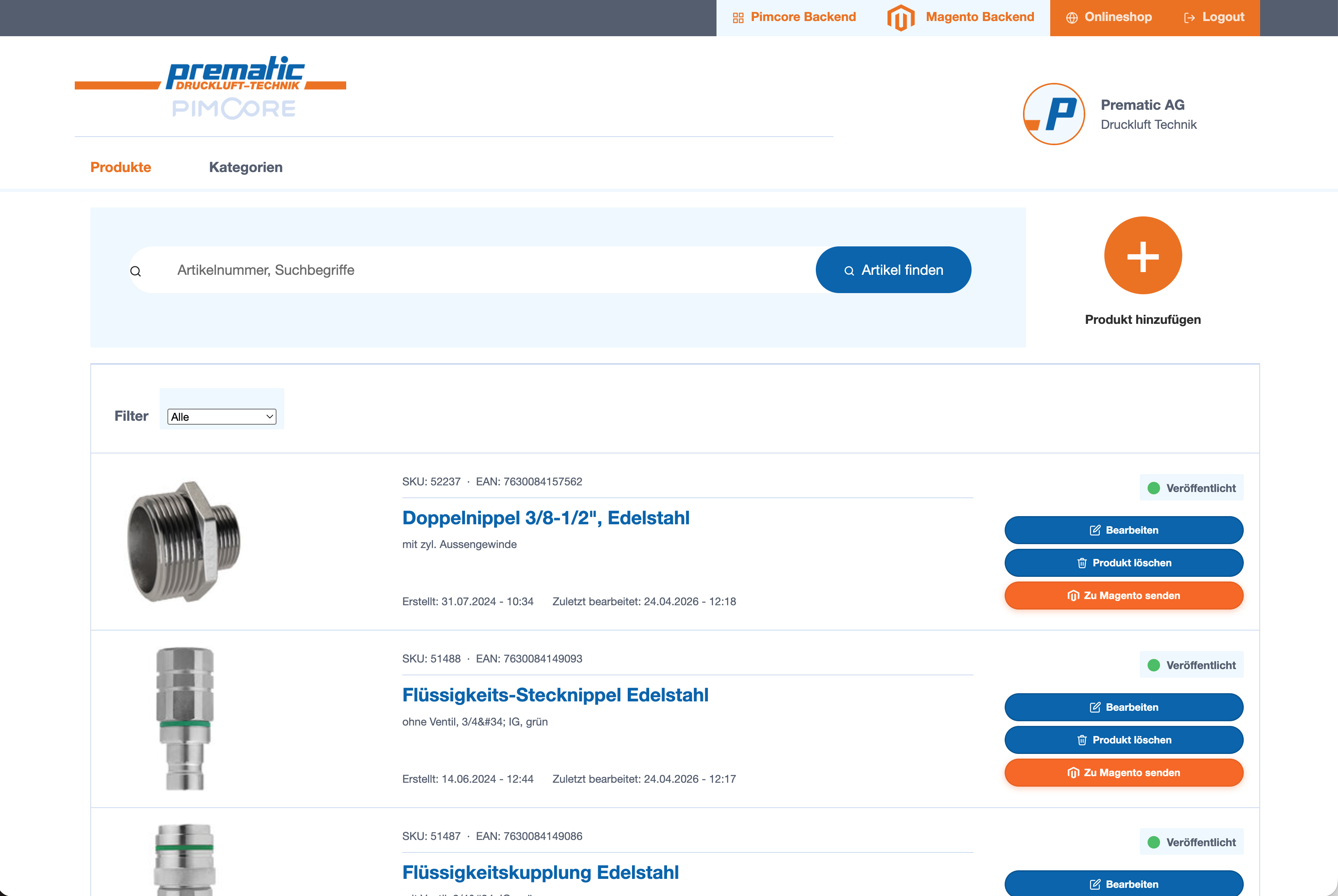 DevQon Custom UI für Prematic AG — direkt Magento-Sync
