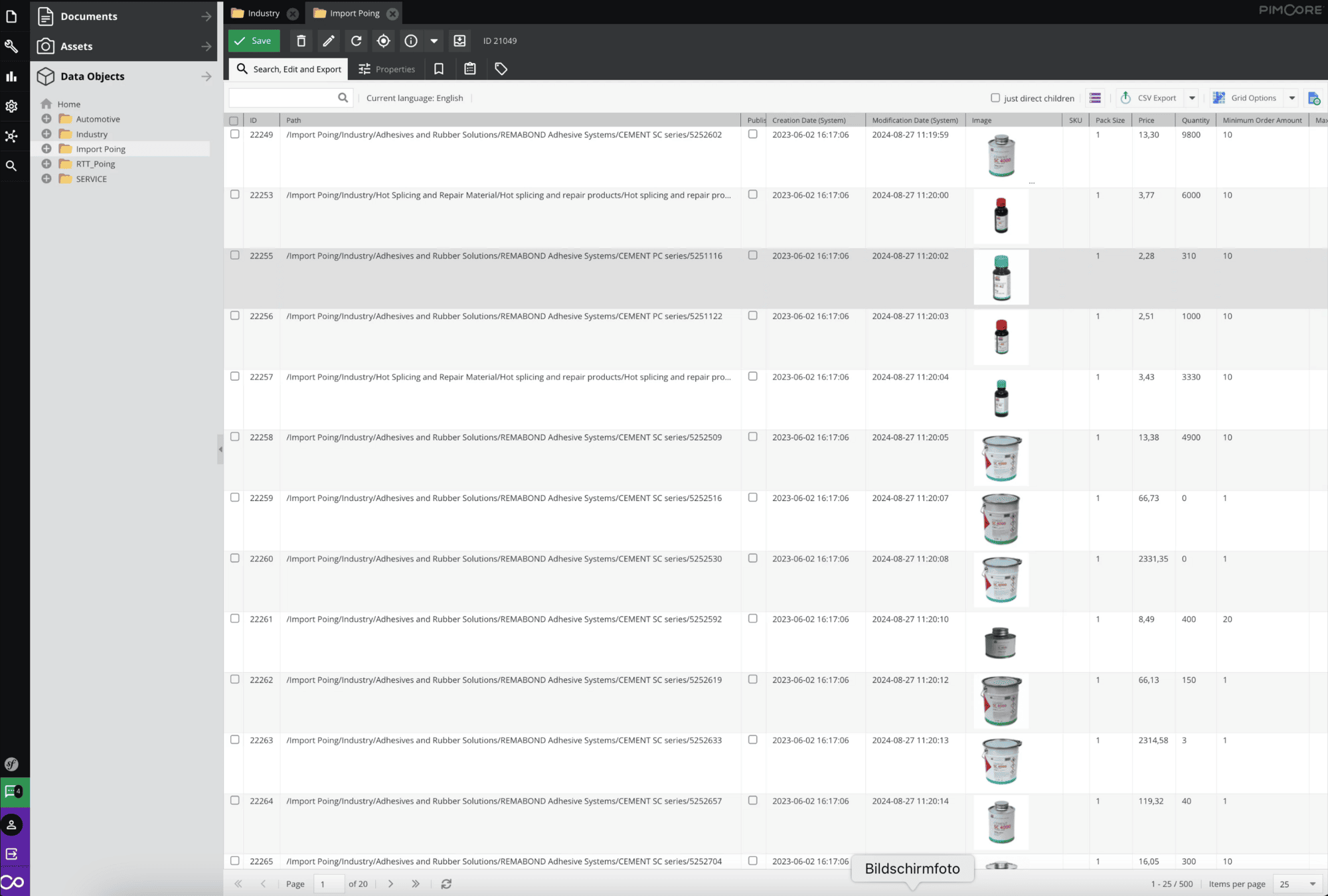Vorher — Standard Pimcore Backend mit komplexer Grid-Ansicht